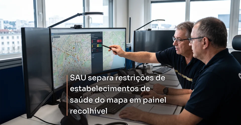 Arte de notícia corporativa para SAU separa restrições de estabelecimentos de saúde do mapa em painel recolhível