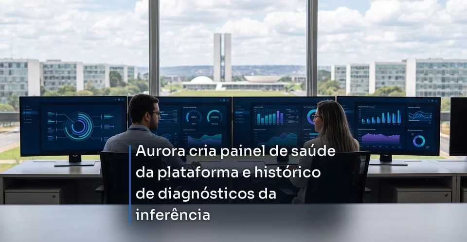 Arte de notícia corporativa para Aurora cria painel de saúde da plataforma e histórico de diagnósticos da inferência
