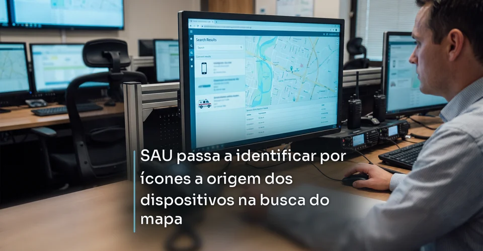 Arte de notícia corporativa para SAU passa a identificar por ícones a origem dos dispositivos na busca do mapa