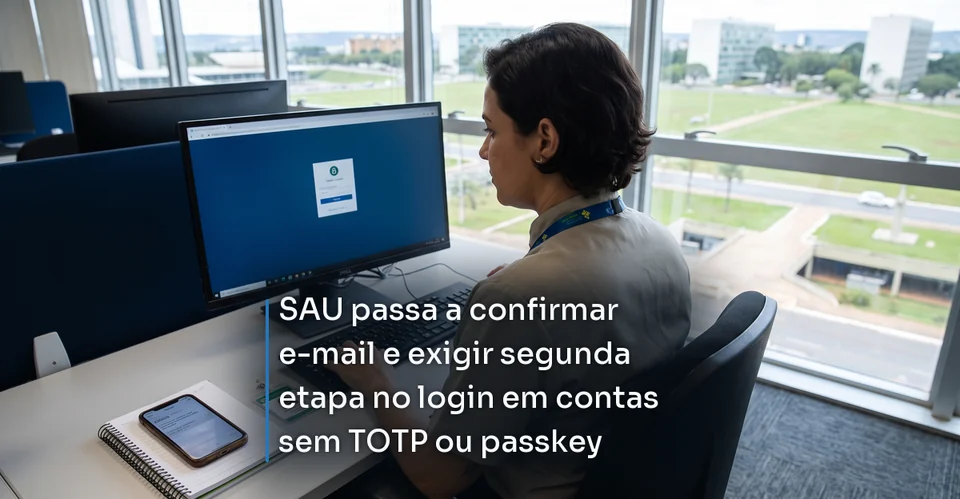 Arte de notícia corporativa para SAU passa a confirmar e-mail e exigir segunda etapa no login em contas sem TOTP ou passkey
