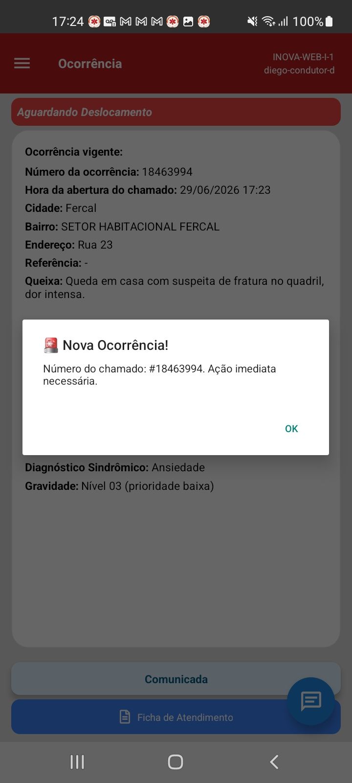 Alerta de nova ocorrência para a equipe — app SAU 360 / SAMU 192