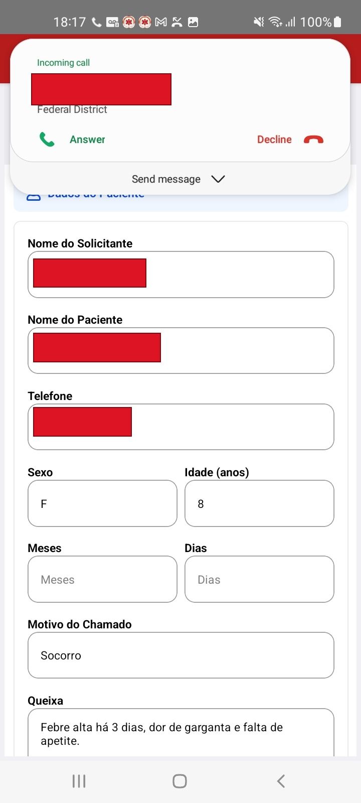 Abertura de chamado com dados do paciente — app SAU 360 / SAMU 192