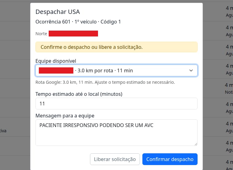 A central despacha a viatura mais próxima pela rota, com o tempo de chegada.