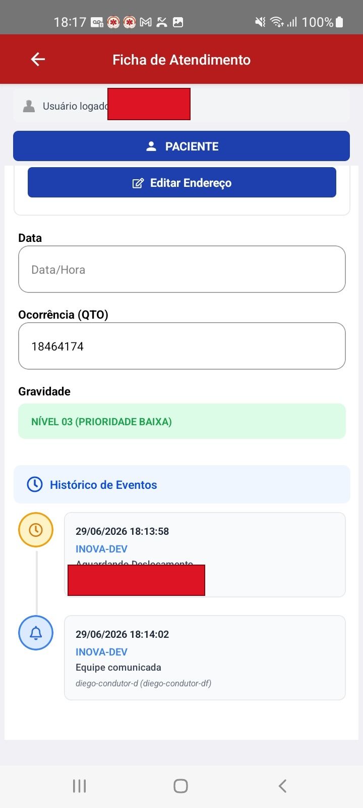 Ocorrência vigente com histórico de eventos — app SAU 360 / SAMU 192