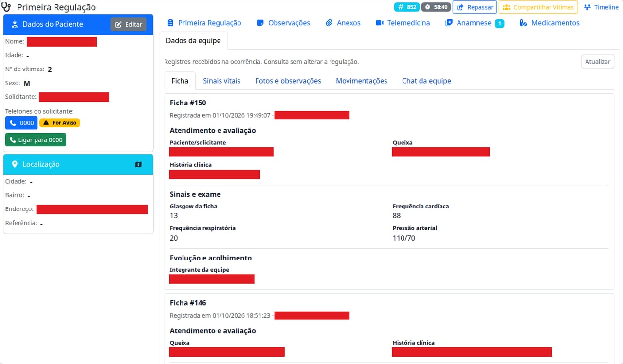 O regulador vê a ficha e os sinais vitais da equipe — app SAU 360 / SAMU 192