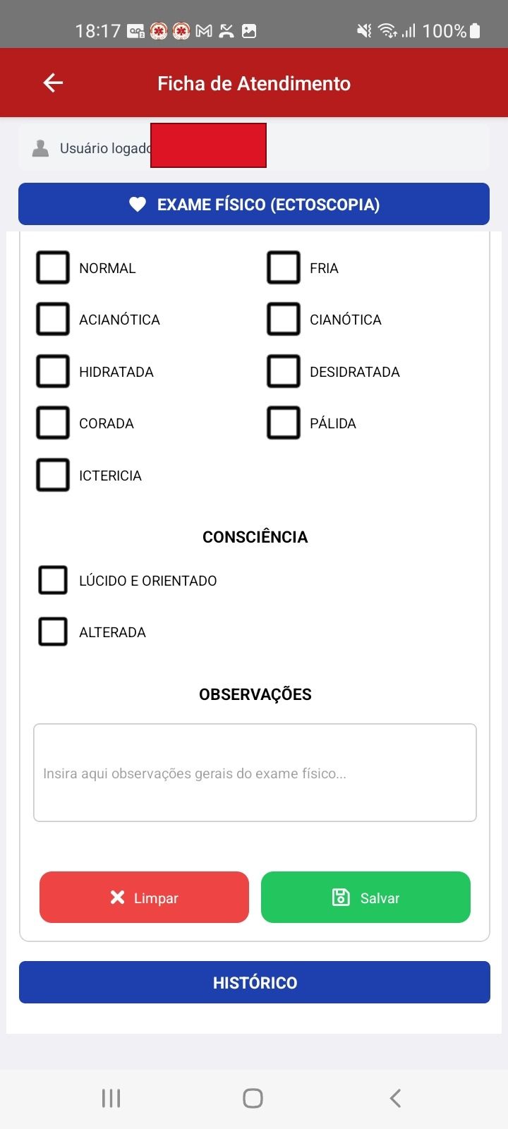 Exame físico — ectoscopia e consciência — app SAU 360 / SAMU 192