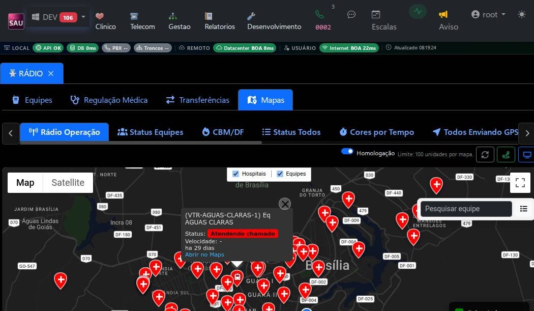 Detalhe da viatura no mapa de rádio-operação — app SAU 360 / SAMU 192