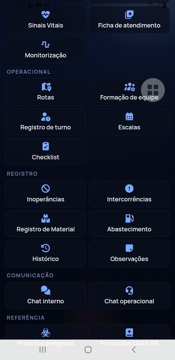 Módulos do aplicativo por categoria — app SAU 360 / SAMU 192