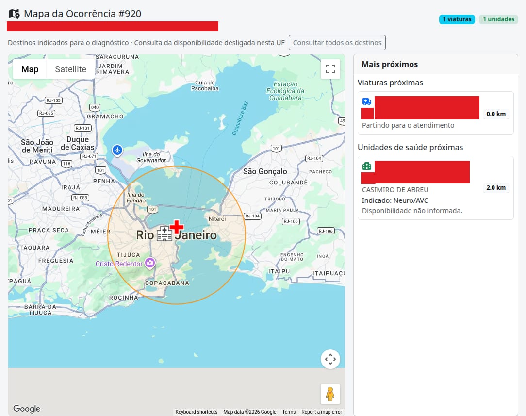 Hospitais indicados para AVC no mapa da ocorrência — app SAU 360 / SAMU 192