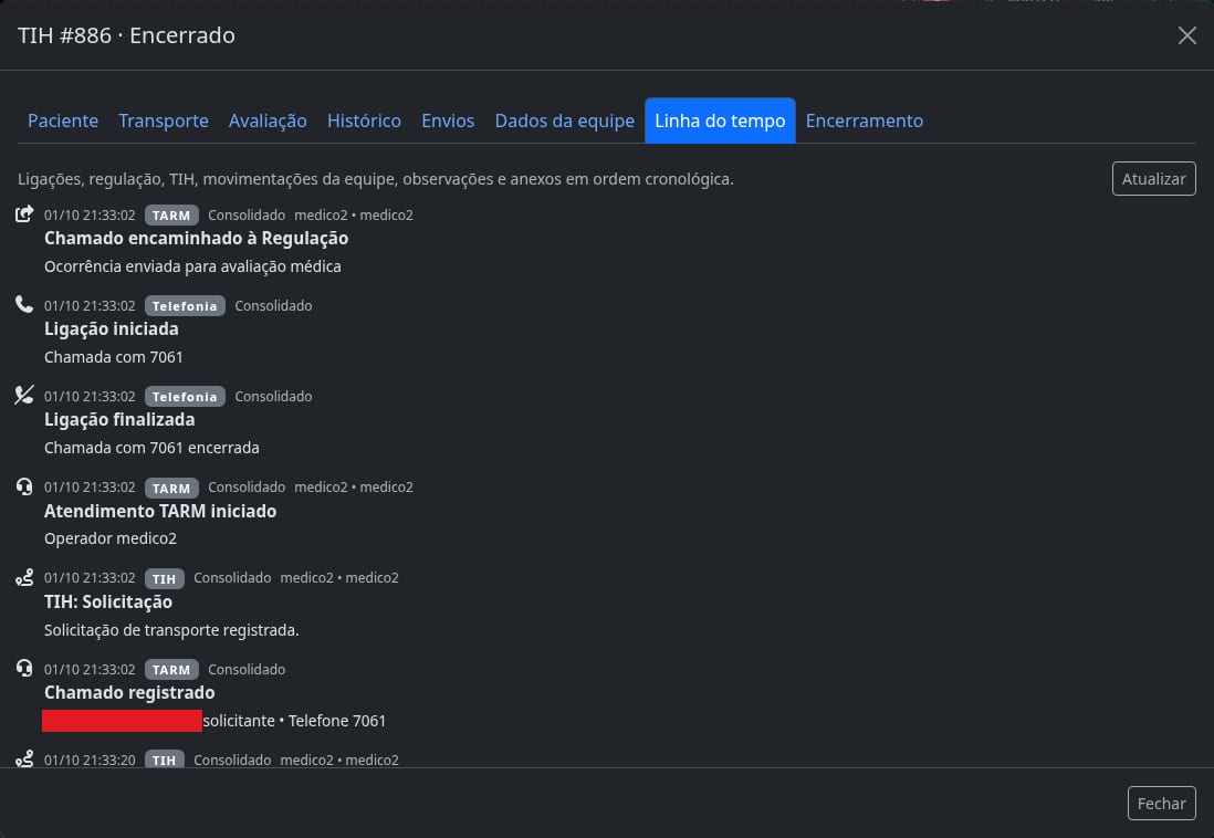 Toda a transferência numa linha do tempo — app SAU 360 / SAMU 192