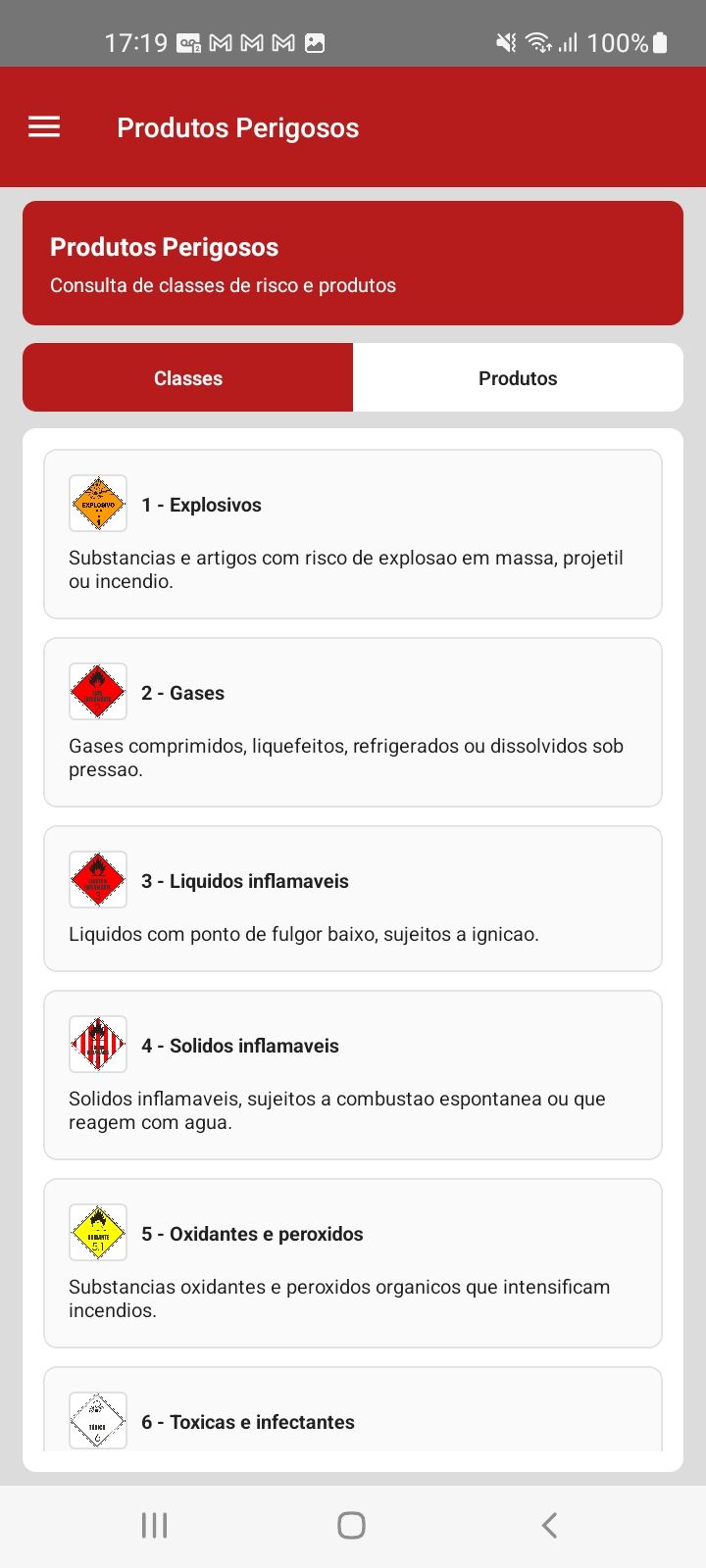 Classes de risco de produtos perigosos — app SAU 360 / SAMU 192