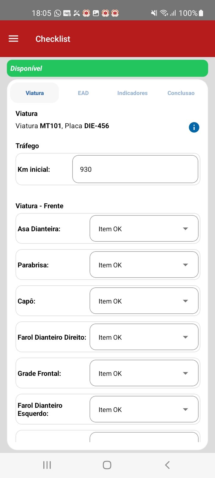 Inspeção visual da viatura — app SAU 360 / SAMU 192