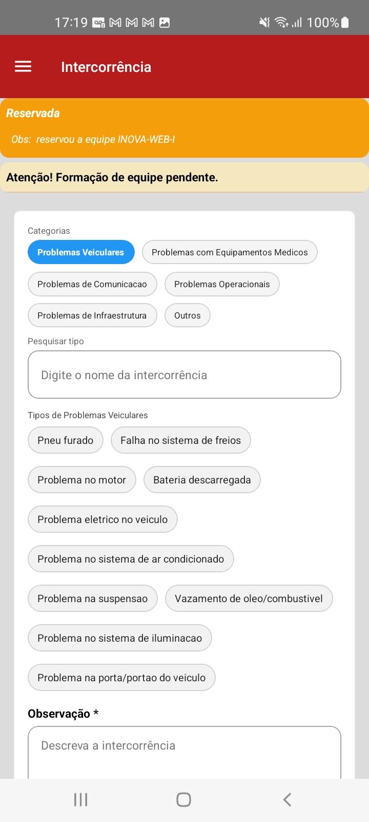 Registro de intercorrências por categoria — app SAU 360 / SAMU 192
