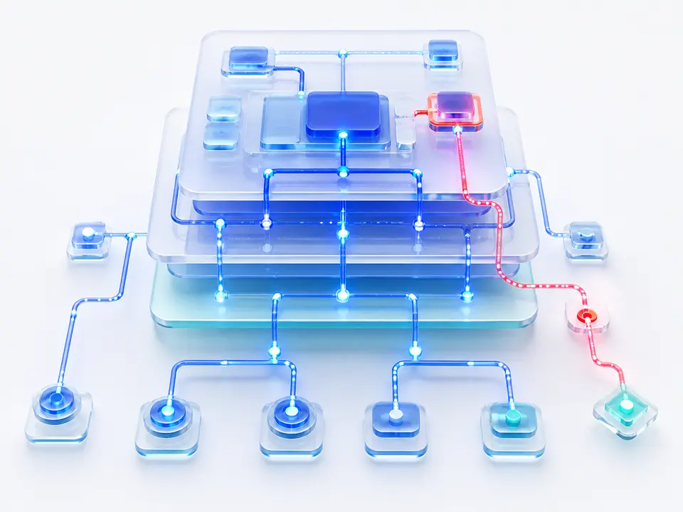 Arquitetura de aplicação em camadas com rotas de API analisadas e um caminho de risco isolado