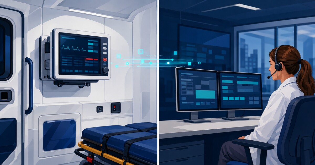 Ilustração dividida entre monitor multiparamétrico em ambulância e médica em central de regulação, conectados por fluxo de dados